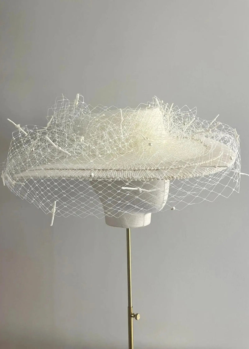 Large Brim Boater with 1950's Vintage Straw in Ivory Jane Taylor London