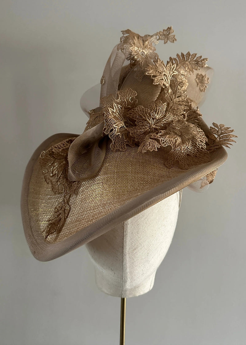 Mena Hat in Two Tone Sinamay with Lace in Gold Jane Taylor London