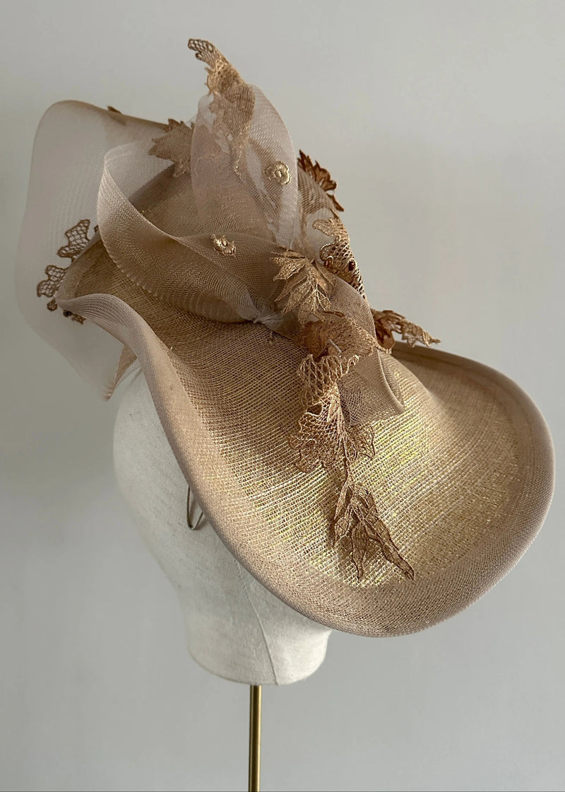 Mena Hat in Two Tone Sinamay with Lace in Gold Jane Taylor London
