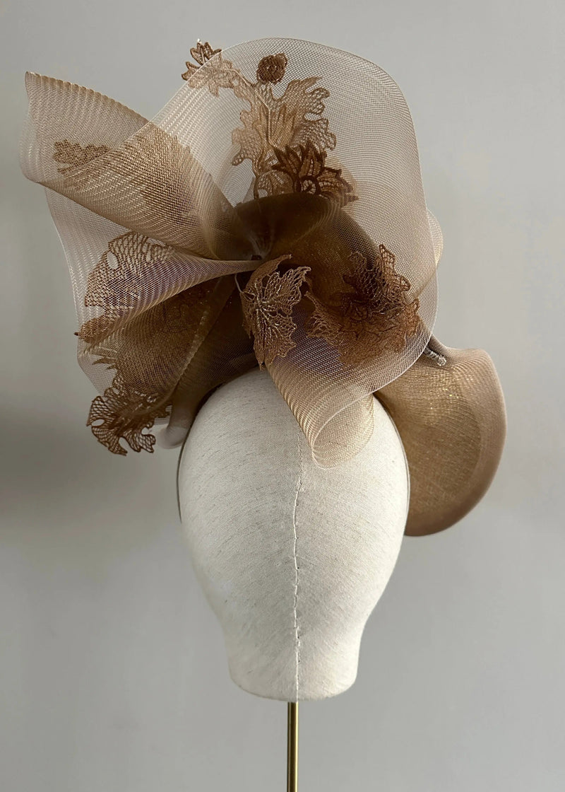 Mena Hat in Two Tone Sinamay with Lace in Gold Jane Taylor London