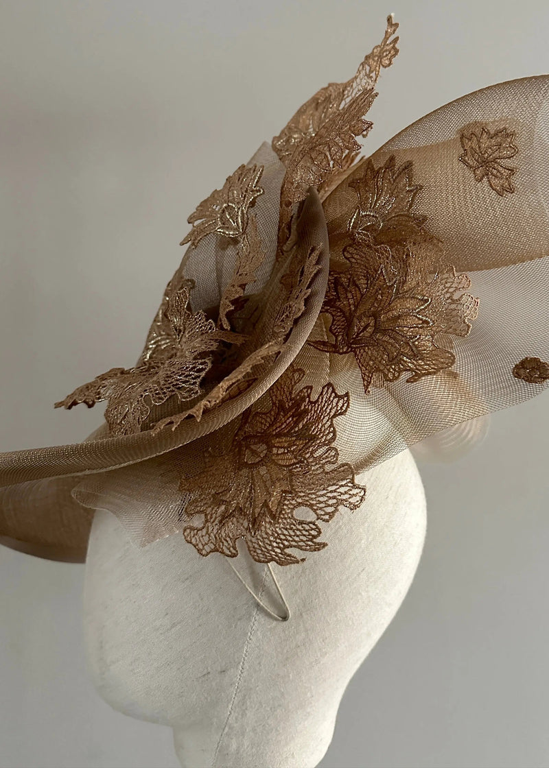 Mena Hat in Two Tone Sinamay with Lace in Gold Jane Taylor London
