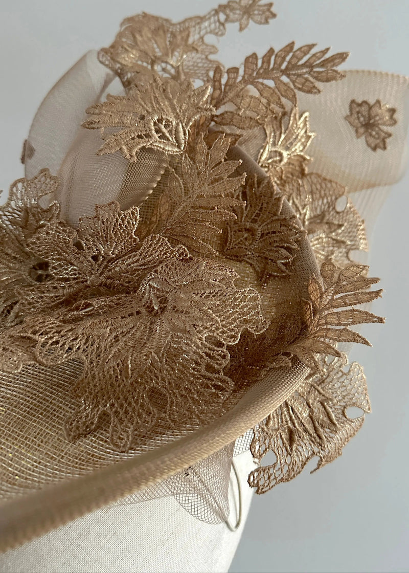 Mena Hat in Two Tone Sinamay with Lace in Gold Jane Taylor London