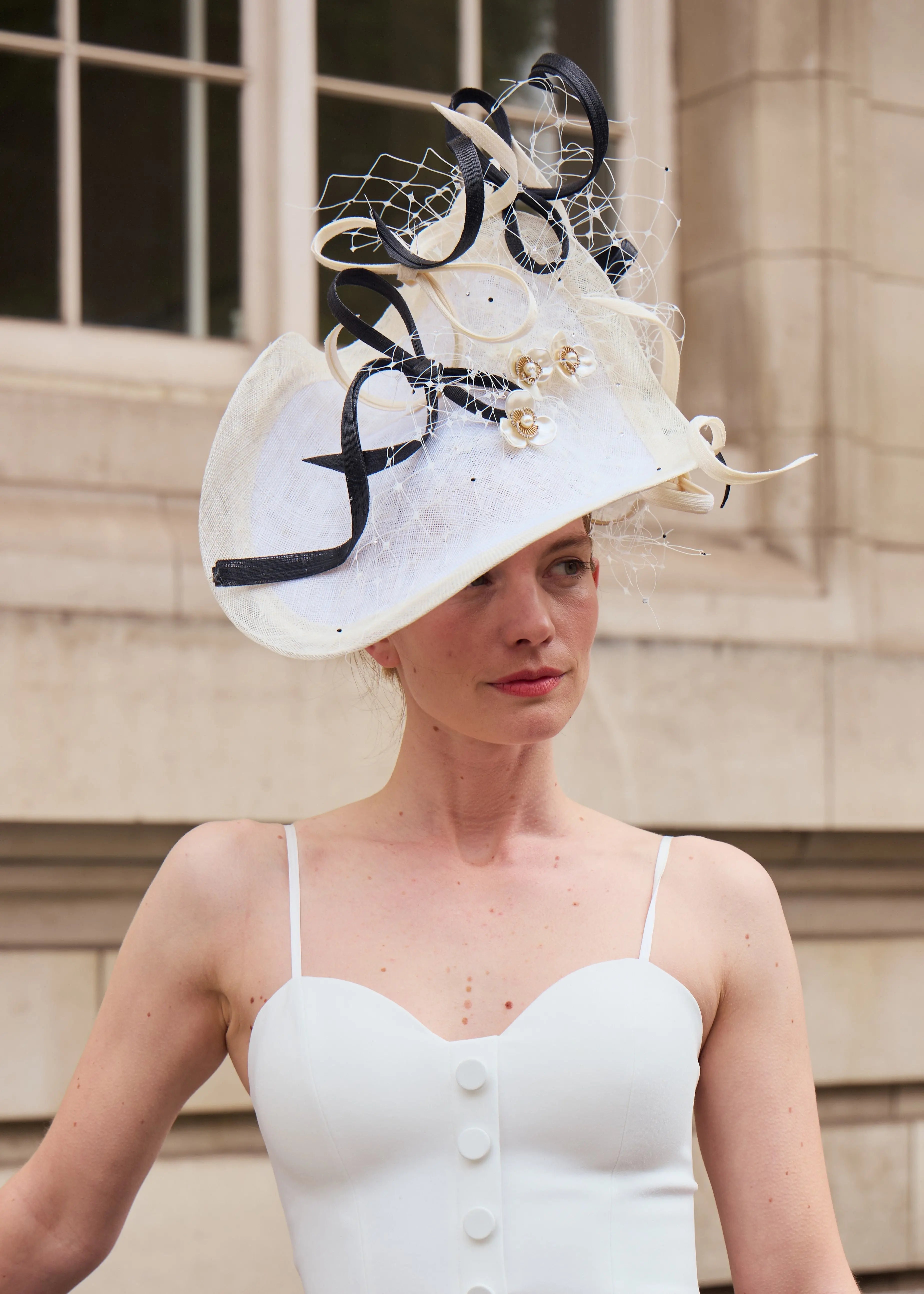 Mena Hat in Two Tone Sinamay with Mother of Pearl Flowers in Ivory