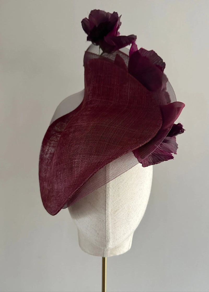 Mini Mena Hat in Sinamay with Hollyhocks in Dark Wine Jane Taylor London