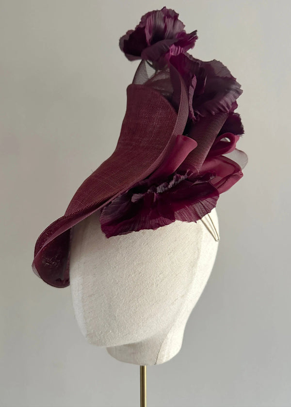 Mini Mena Hat in Sinamay with Hollyhocks in Dark Wine Jane Taylor London