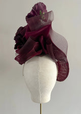 Mini Mena Hat in Sinamay with Hollyhocks in Dark Wine Jane Taylor London