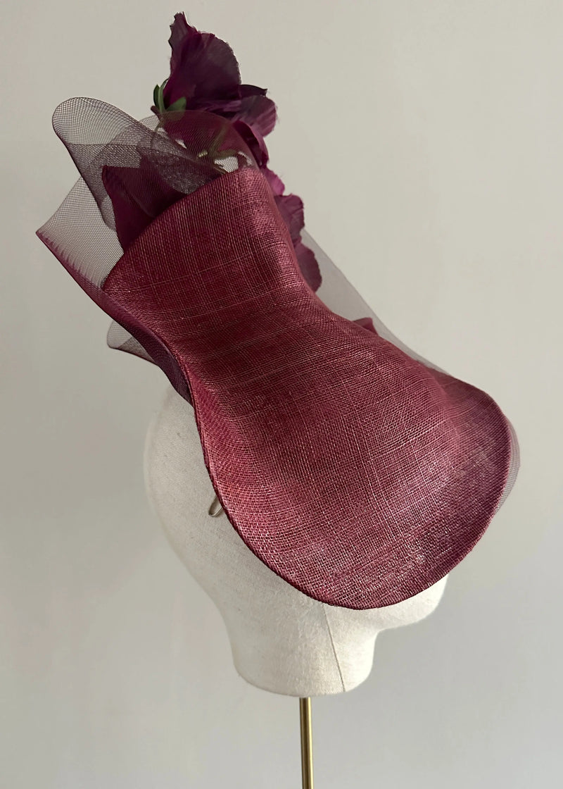 Mini Mena Hat in Sinamay with Hollyhocks in Dark Wine Jane Taylor London