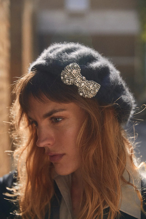 Navy Beret with Silver Bow Jane Taylor London