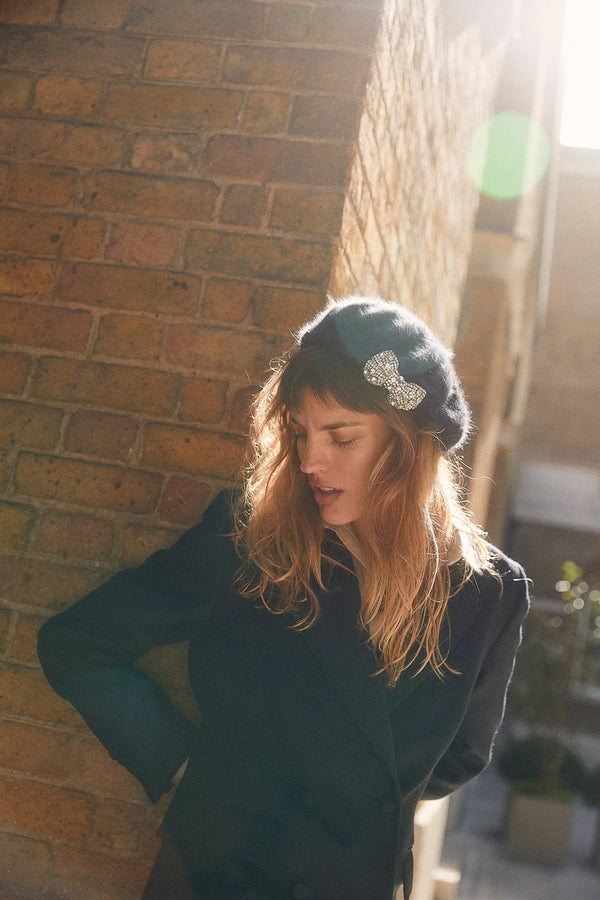 Navy Beret with Silver Bow Jane Taylor London