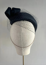 Neso Hat in Satin with Veiling in Midnight Jane Taylor London