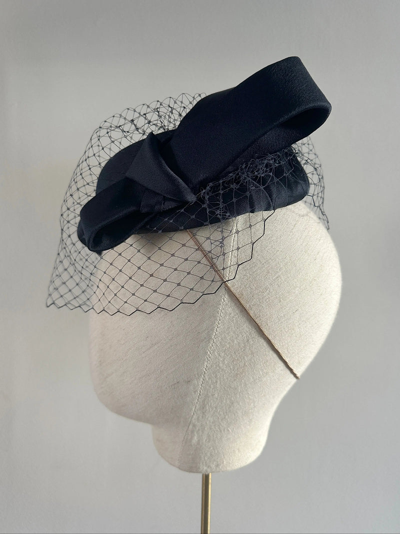 Neso Hat in Satin with Veiling in Midnight Jane Taylor London