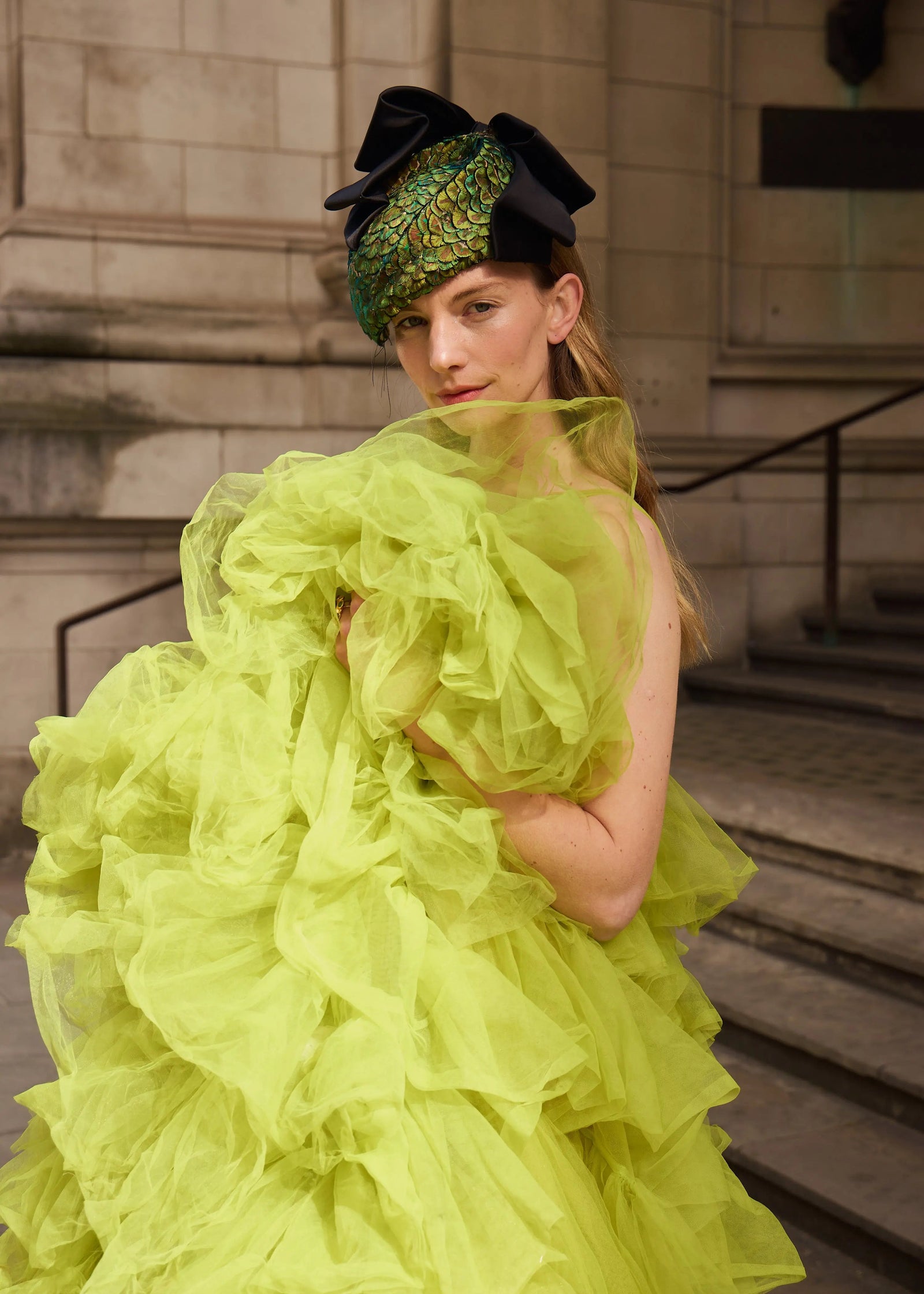Neso Hat with Peacock Feathers and Black Satin Bow - Jane 