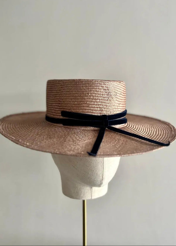 Nixi Boater in Straw with Velvet Bows Jane Taylor London