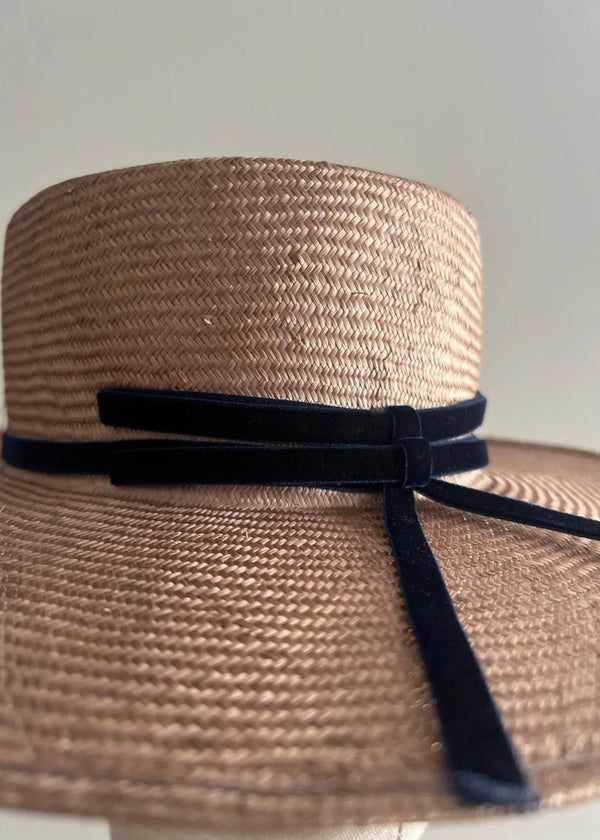 Nixi Boater in Straw with Velvet Bows Jane Taylor London