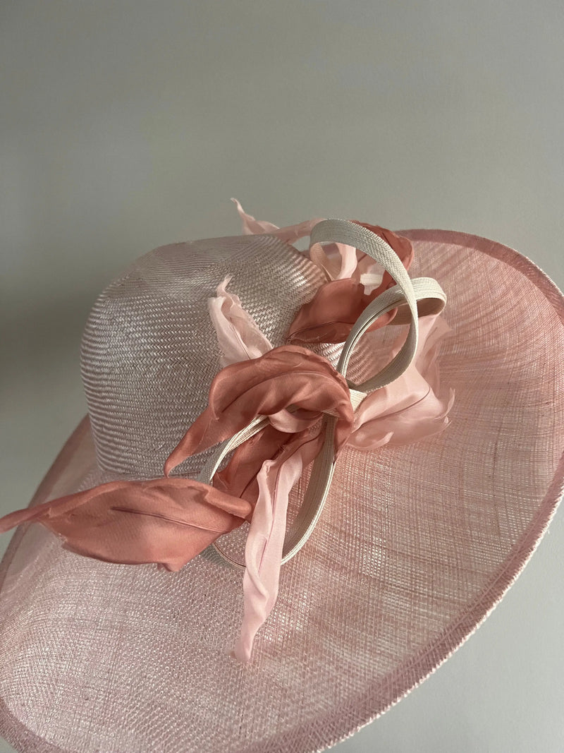 Oval Brimmed Hat- Pink with Organza Feathers Jane Taylor London