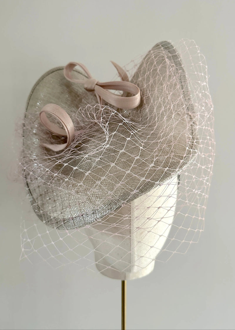 Petal Hat in Sinamay with Veiling and Buntal Bow in Silver Jane Taylor London