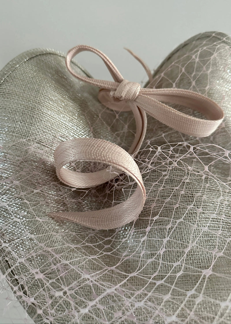 Petal Hat in Sinamay with Veiling and Buntal Bow in Silver Jane Taylor London