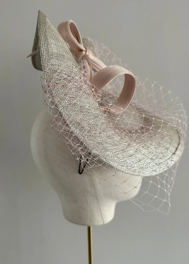 Petal Hat in Sinamay with Veiling and Buntal Bow in Silver Jane Taylor London