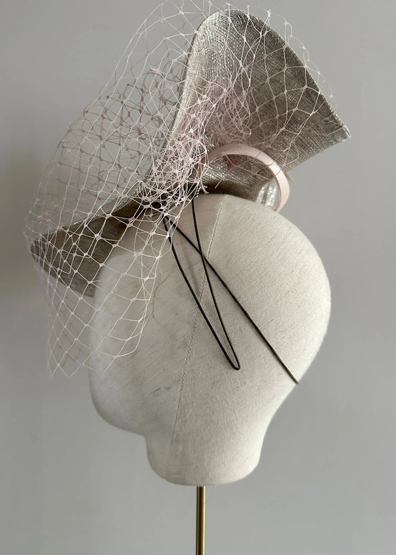 Petal Hat in Sinamay with Veiling and Buntal Bow in Silver Jane Taylor London