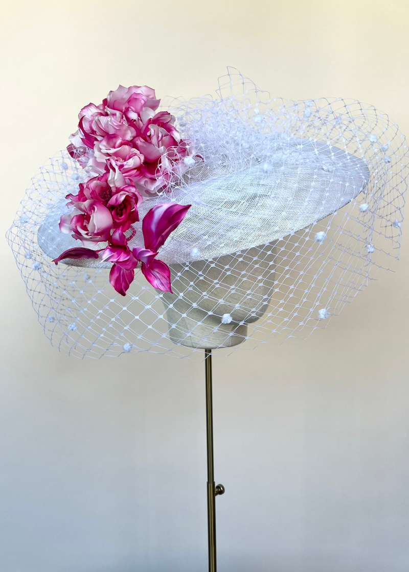 Pomona Hat in Sinamay with Veiling and Flowers Jane Taylor London