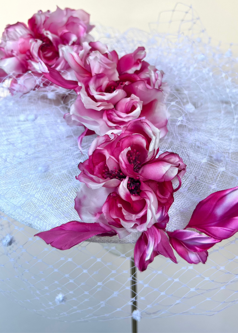 Pomona Hat in Sinamay with Veiling and Flowers Jane Taylor London
