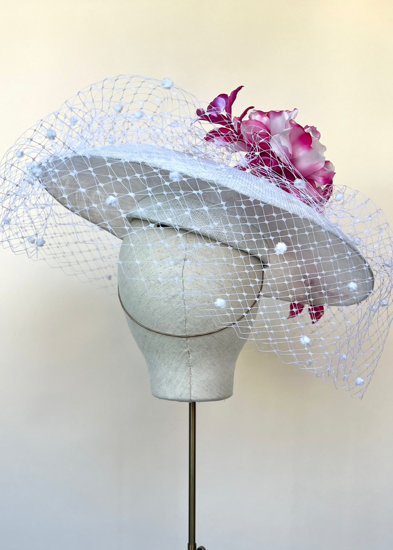 Pomona Hat in Sinamay with Veiling and Flowers Jane Taylor London