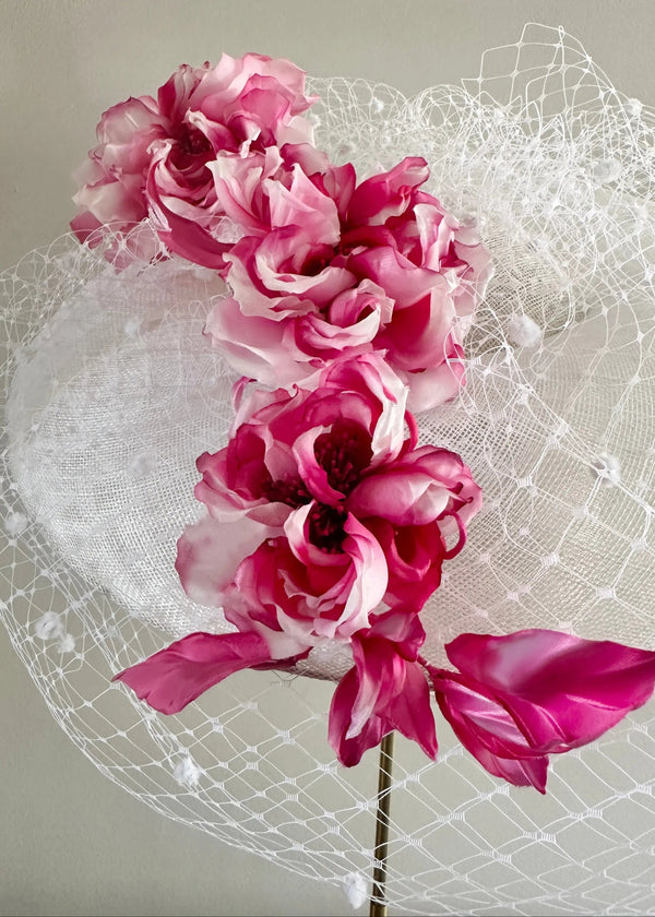 Pomona Hat in Sinamay with Veiling and Flowers Jane Taylor London