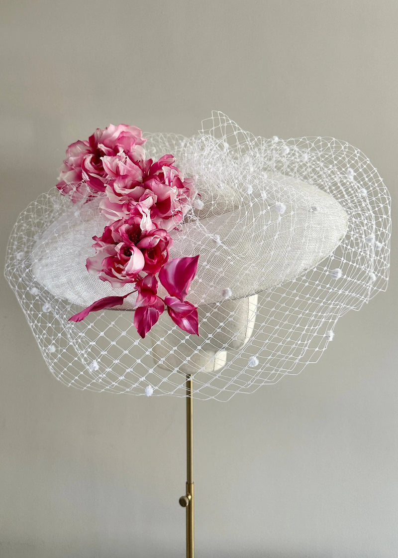 Pomona Hat in Sinamay with Veiling and Flowers Jane Taylor London
