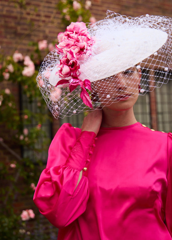 Pomona Hat in Sinamay with Veiling and Flowers Jane Taylor London