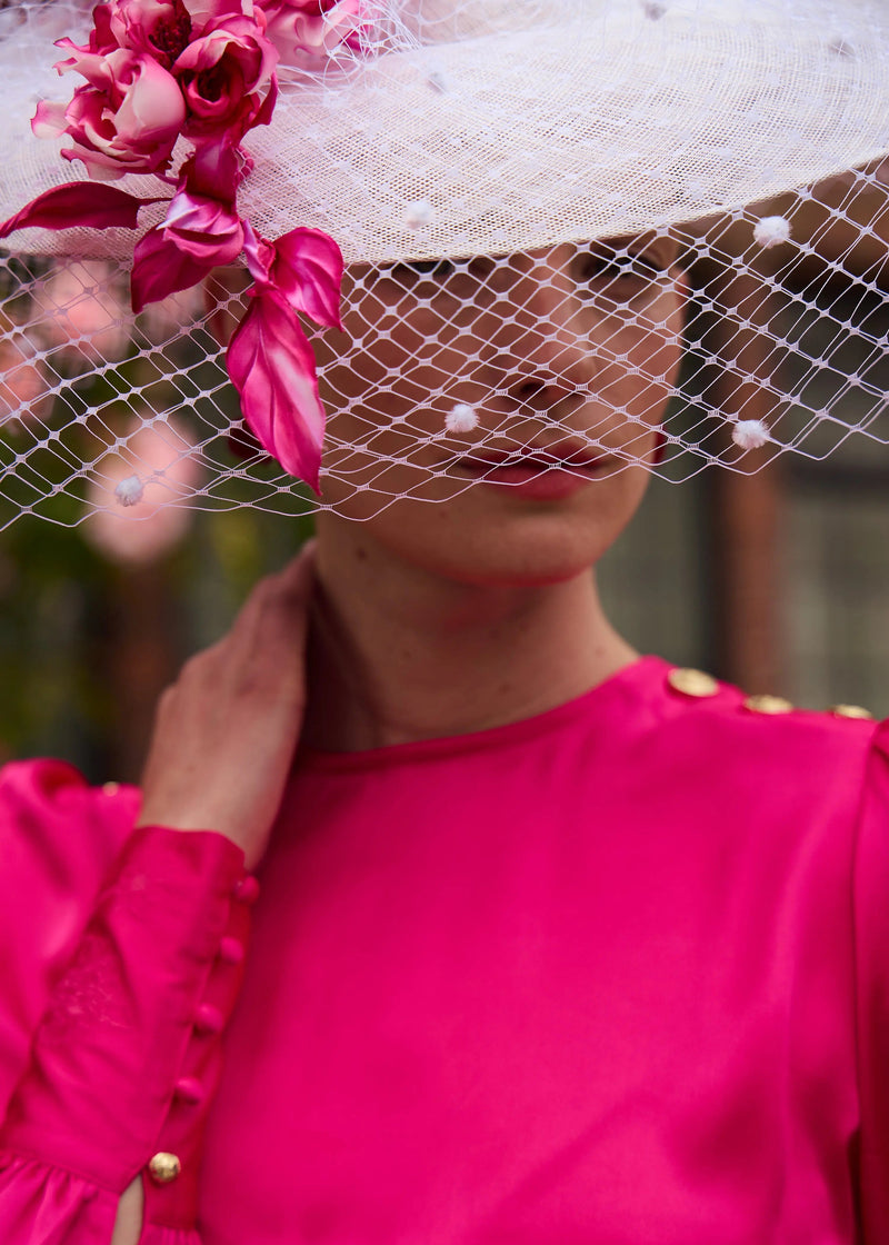 Pomona Hat in Sinamay with Veiling and Flowers Jane Taylor London