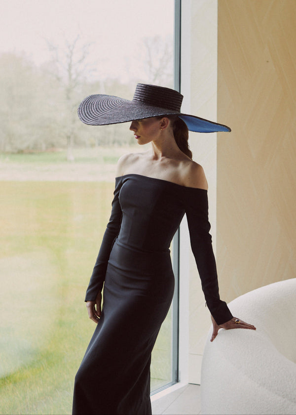 Sun Hat in Pedal Straw with Bold Blue Underside in Black