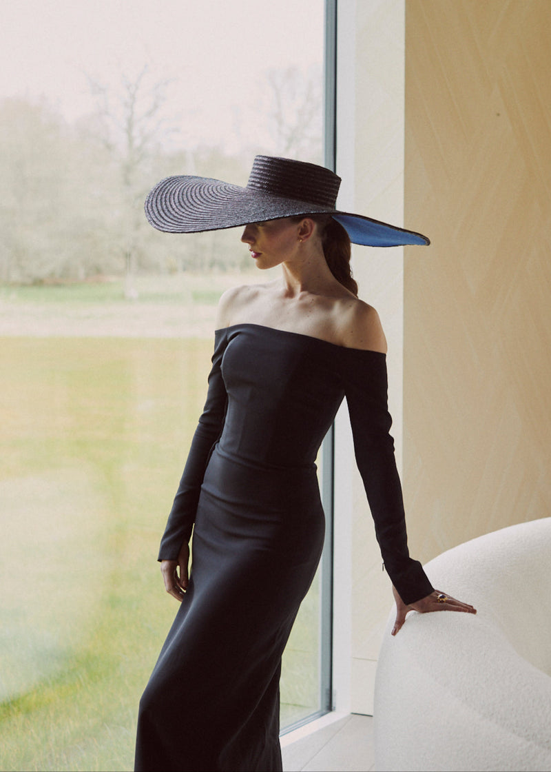 Sun Hat in Pedal Straw with Bold Blue Underside in Black