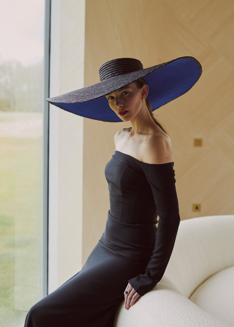 Sun Hat in Pedal Straw with Bold Blue Underside in Black