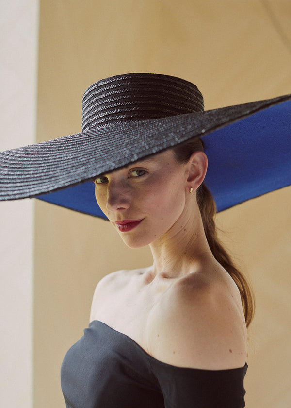 Sun Hat in Pedal Straw with Bold Blue Underside in Black