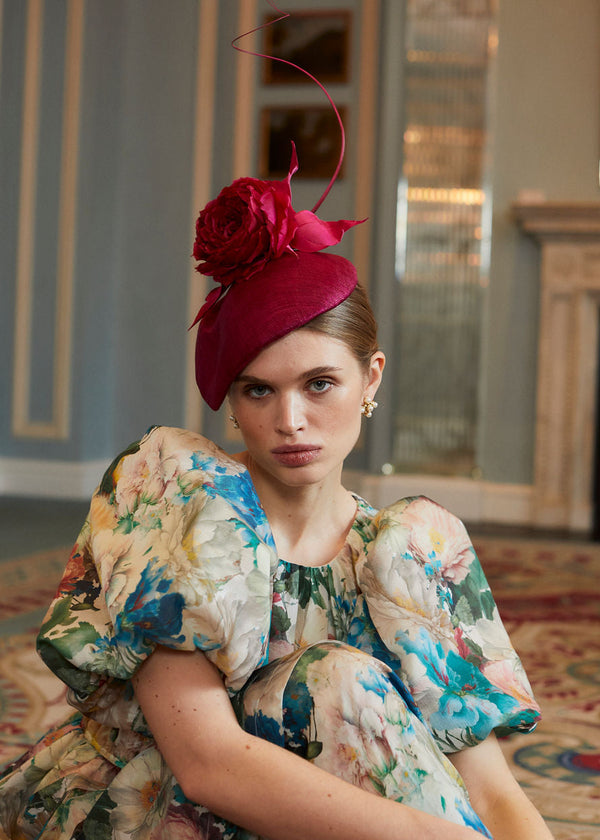 Fold Hat in Straw with Rose and Veiling in Magenta