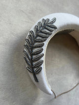 Small Crescent Moon Band - Fern Leaf Embellishment in Ivory Jane Taylor Design