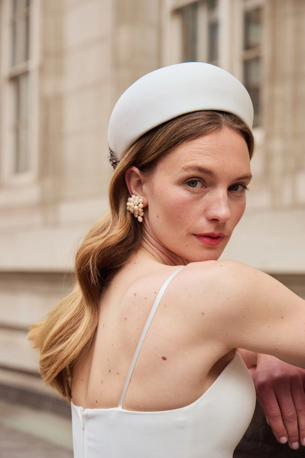 The Halo Pillbox in Satin with Feathers and Pearl Jane Taylor London