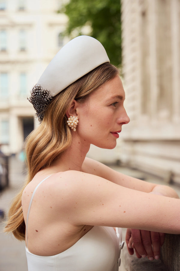The Halo Pillbox in Satin with Feathers and Pearl Jane Taylor London