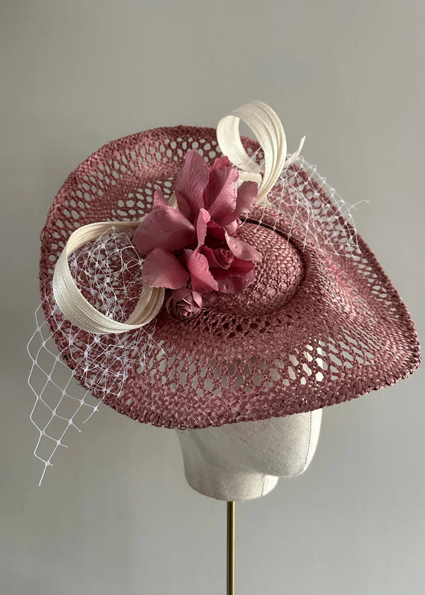 Una Hat in Straw with Veiling and Buntal Twists in Blush Jane Taylor London