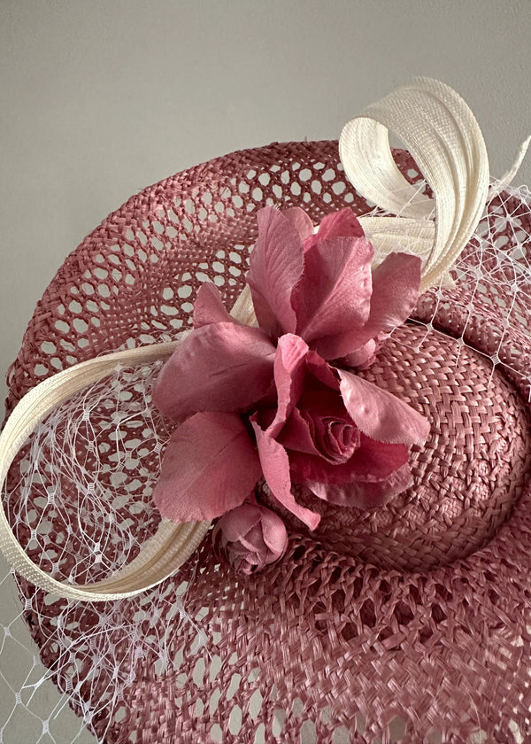 Una Hat in Straw with Veiling and Buntal Twists in Blush Jane Taylor London
