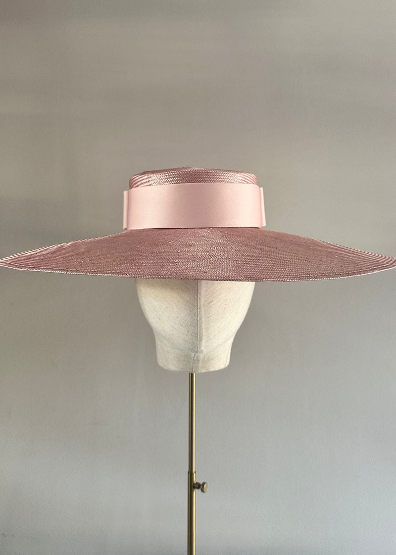 Enid Boater Hat in Straw with Satin Bow in Blush