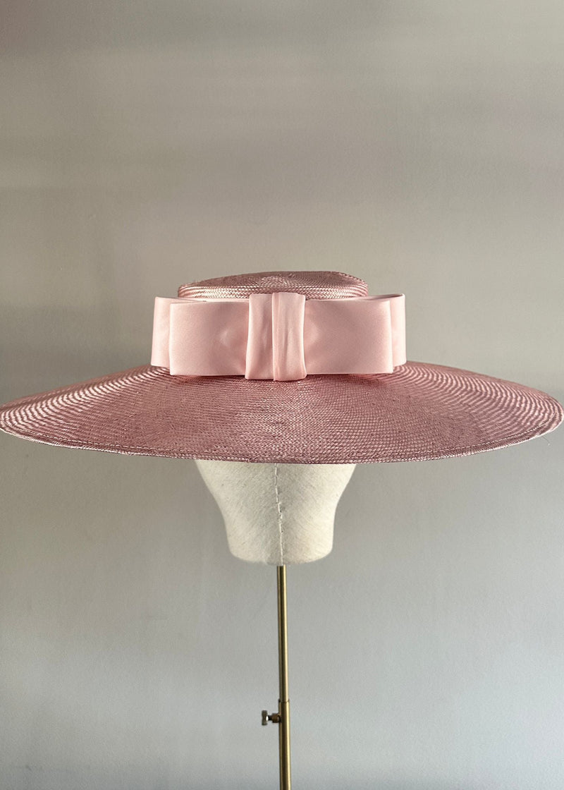 Enid Boater Hat in Straw with Satin Bow in Blush