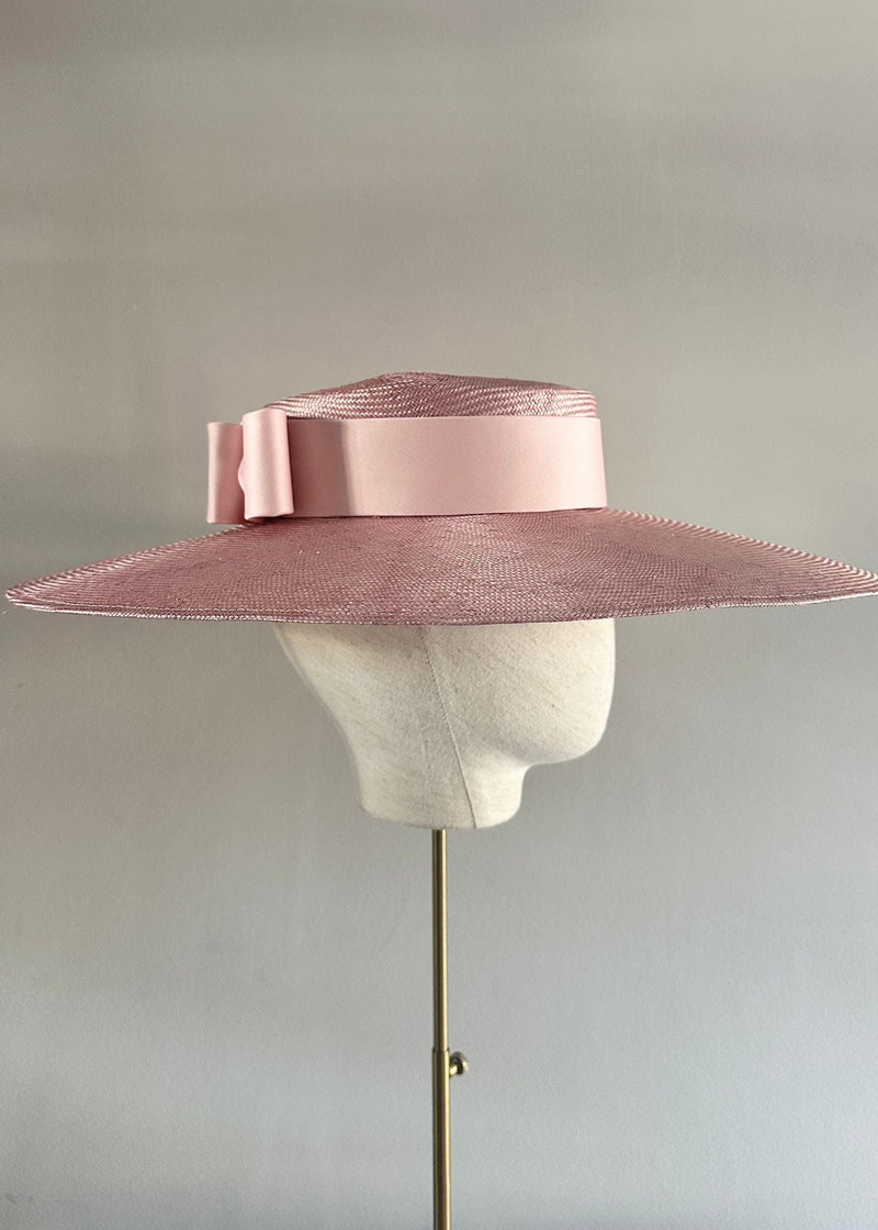Enid Boater Hat in Straw with Satin Bow in Blush