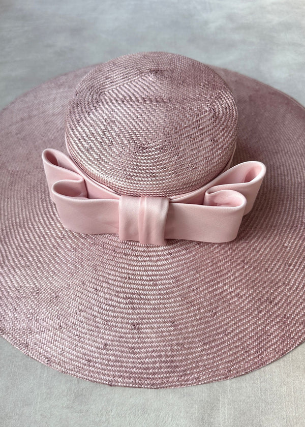 Enid Boater Hat in Straw with Satin Bow in Blush