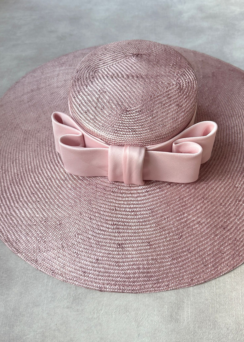 Enid Boater Hat in Straw with Satin Bow in Blush