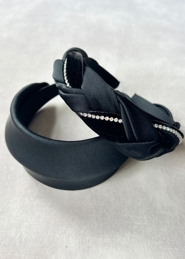 Victoria Plaited Headband in Satin and Velvet with Crystals in Black