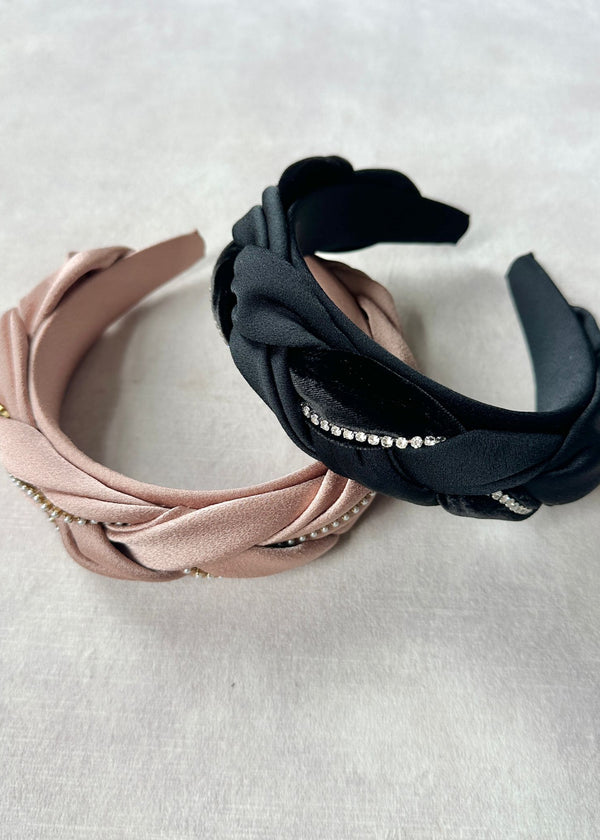 Victoria Plaited Headband in Satin and Velvet with Crystals in Black