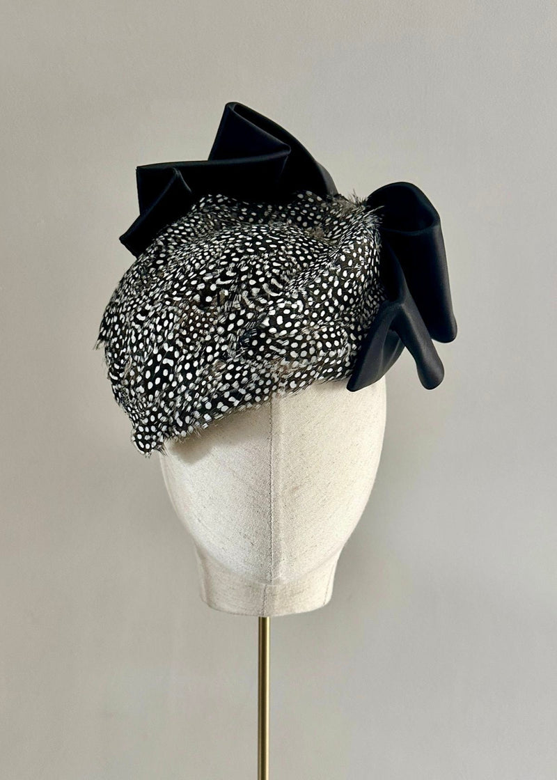 Neso Hat with Guinea Fowl Feathers and Black Satin Bow in Black