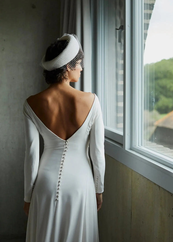 Bridal Bia Halo ® in Crepe with Crystal Spotted Veil Jane Taylor Design