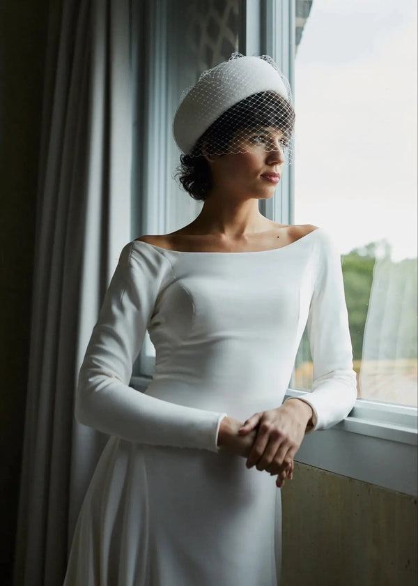 Bridal Bia Halo ® in Crepe with Crystal Spotted Veil Jane Taylor Design